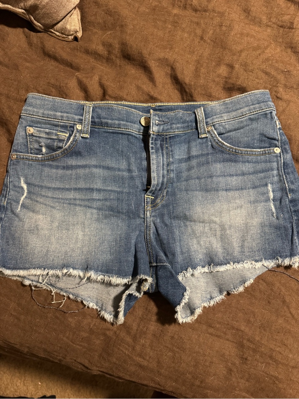 7 For All Mankind Light Blue Frayed Hem Denim Shorts